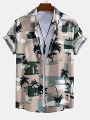 Palm Tree Color Block Print Button Up Shirt & Swim Shorts
