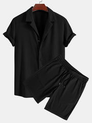 Muscle Fit Ribbed Deep Cuban Shirt & Drawstring Ribbed Shorts