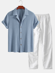 Waffle Textured Cuban Shirt & Straight Leg Linen Pants