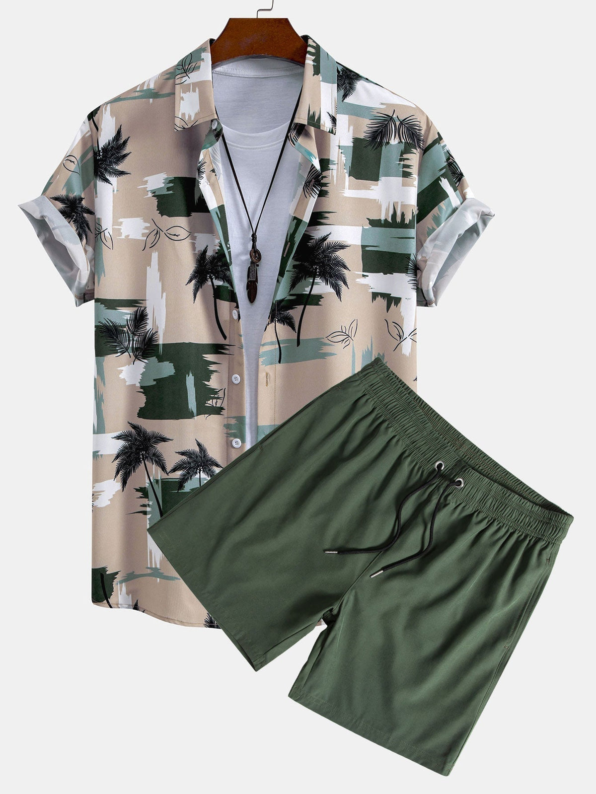 Palm Tree Color Block Print Button Up Shirt & Swim Shorts