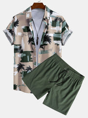 Palm Tree Color Block Print Button Up Shirt & Swim Shorts