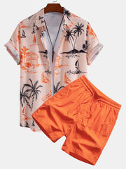 Island Print Button Up Shirt & Drawstring Swim Shorts