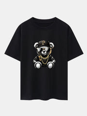 Hip Hop Bear Print Drop Shoulder Oversize T-Shirt & Drawstring Corduroy Shorts