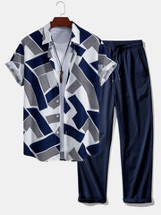 Color Block Geometry Print Button Up Shirt & Wrinkle Textured Straight Leg Pants