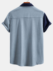 Short Sleeve Corduroy Patchwork Shirt & Corduroy Drawstring Shorts