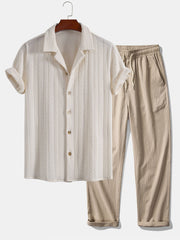 Texture Jacquard Cuban Shirt & Wrinkle Textured Straight Leg Pants