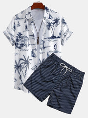 Island Sailing Print Button Up Shirt & Striped Print Swim Shorts