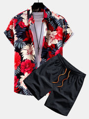Tropical Flowers Print Button Up Shirt & Swim Shorts