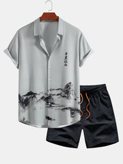 Ink Mountain And River Shirt & Man Mid Length Drawstring Swim Shorts