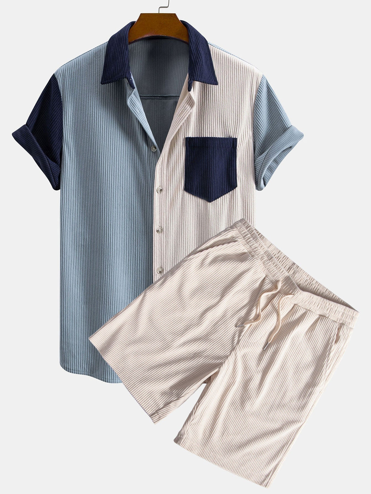 Short Sleeve Corduroy Patchwork Shirt & Corduroy Drawstring Shorts