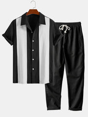 Linen Look Patchwork Bowling Shirt & Straight Leg Linen Pants