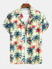 Relax Fit Flamingo  Tropical Palm Tree Print Button Up Shirt & Swim Short