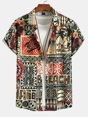 Palm Tree Turtle Ethnic Geometry Print Button Up Shirt & Swim Shorts