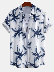 Palm Tree Print Button Up Shirt & Man Mid Length Drawstring Swim Shorts