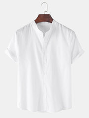 Linen Look Short Sleeve Stand Collar Shirt & Linen Cotton Blend Cropped Pants