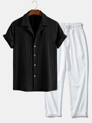 Texture Jacquard Cuban Shirt & Wrinkle Textured Straight Leg Pants