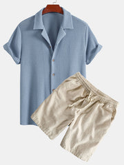Textured Cuban Shirt & Linen Cotton Blend Drawstring Shorts