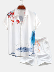 Oriental Ink Painting Button Up Shirt & Man Mid Length Drawstring Swim Shorts