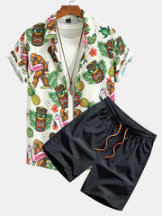 Tropical Tiki Bigfoot Print Button Up Shirt & Man Mid Length Drawstring Swim Shorts