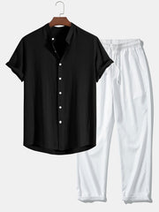 Linen And Rayon Blend Stand Collar Shirt & Wrinkle Textured Straight Leg Pants