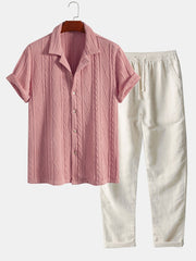Knitted Geometric Textured Cuban Shirt & Straight Leg Linen Pants
