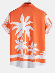 Palm Tree Print Button Up Shirt & Man Mid Length Drawstring Swim Shorts