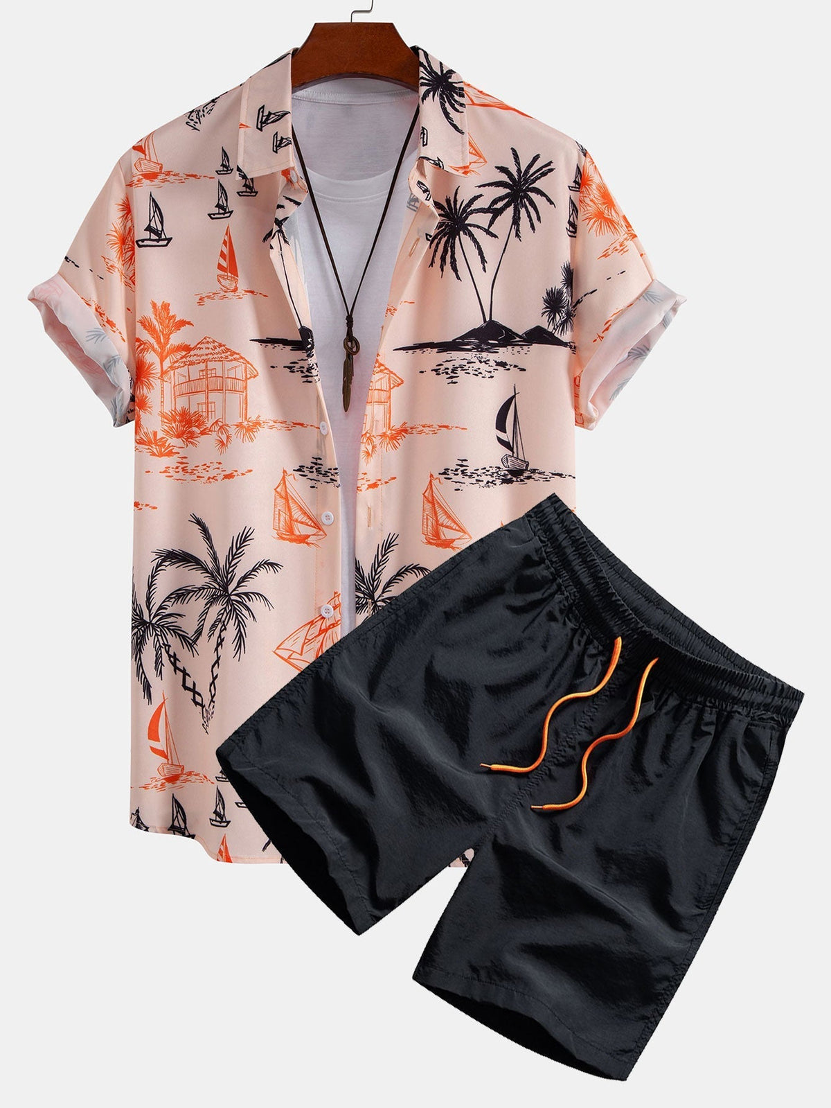 Island Print Button Up Shirt & Drawstring Swim Shorts