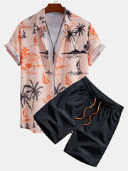 Island Print Button Up Shirt & Drawstring Swim Shorts