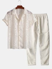 Jacquard Texture Cuban Shirt & Straight Leg Linen Pants