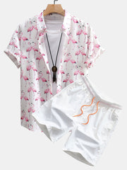 Flamingo Print Button Up Shirt & Swim Shorts