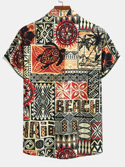 Palm Tree Turtle Ethnic Geometry Print Button Up Shirt & Swim Shorts