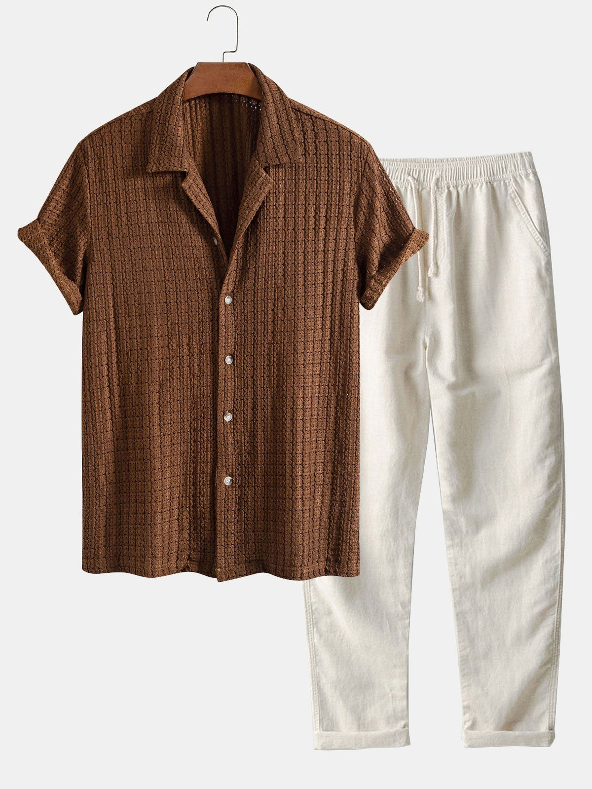 Texture Jacquard Cuban Shirt & Straight Leg Linen Pants