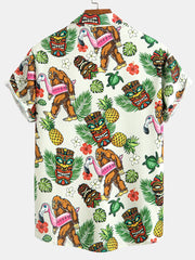 Tropical Tiki Bigfoot Print Button Up Shirt & Solid Drawstring Swim Shorts