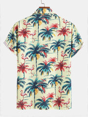 Relax Fit Flamingo  Tropical Palm Tree Print Button Up Shirt & Swim Short