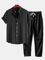 Cotton Blend Striped Stand Collar Shirt & Straight Leg Linen Pants