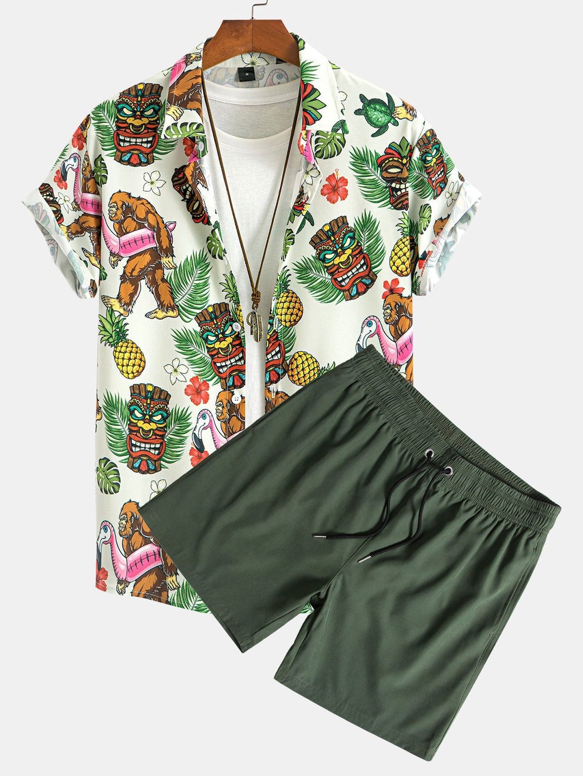 Tropical Tiki Bigfoot Print Button Up Shirt & Solid Drawstring Swim Shorts