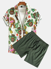 Tropical Tiki Bigfoot Print Button Up Shirt & Solid Drawstring Swim Shorts