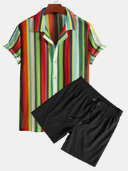 Colorful Striped Waffle Texture Cuban Shirt & Swim Shorts