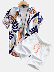 Colorful Leaf Print Button Up Shirt & Swim Shorts