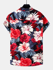 Tropical Flowers Print Button Up Shirt & Solid Drawstring Swim Shorts