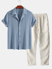 Waffle Textured Cuban Shirt & Straight Leg Linen Pants