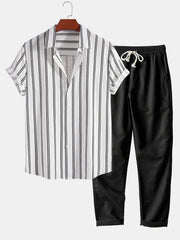 Linen Look Striped Button Up Shirt & Straight Leg Linen Pants