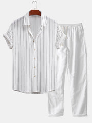 Stripe Textured Button Up Shirt & Straight Leg Linen Pants