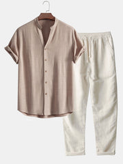 V Neck Linen Rayon Blend Shirt & Straight Leg Linen Pants