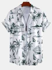 Island Sailing Print Button Up Shirt & Solid Drawstring Swim Shorts