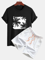 Regular Fit Palm Trees Silhouette Print Cotton T-Shirt & Swim Shorts