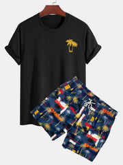 Regular Fit Palm Tree Print Cotton T-Shirt & Palm Tree Color Block Print Swim Shorts