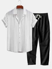 Stripe Textured Button Up Shirt & Straight Leg Linen Pants
