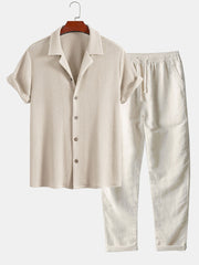 Waffle Textured Cuban Shirt & Straight Leg Linen Pants
