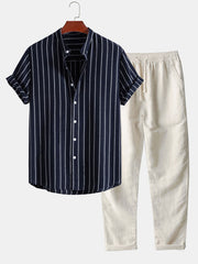 Cotton Blend Striped Stand Collar Shirt & Straight Leg Linen Pants